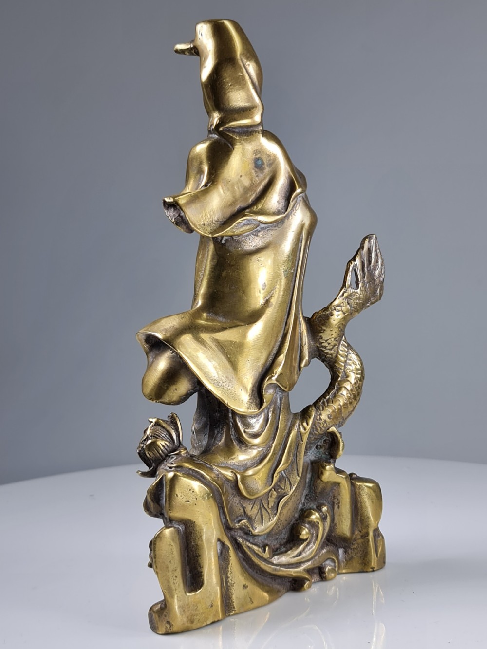 Antique  Polished Bronze Kwan yin with a dragon statue 9 inch View III