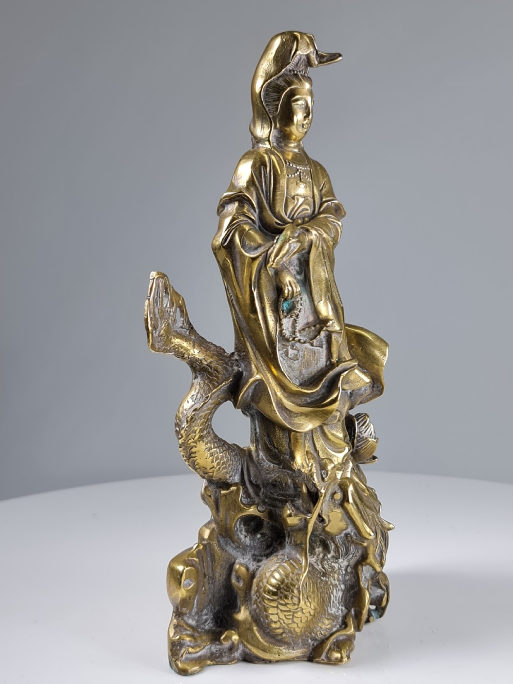 Antique  Polished Bronze Kwan yin with a dragon statue 9 inch View V