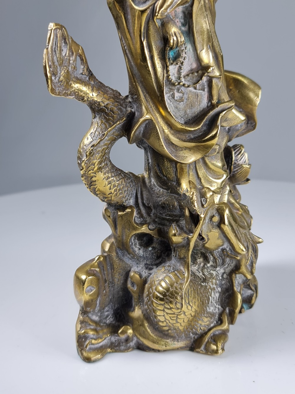 Antique  Polished Bronze Kwan yin with a dragon statue 9 inch View VI