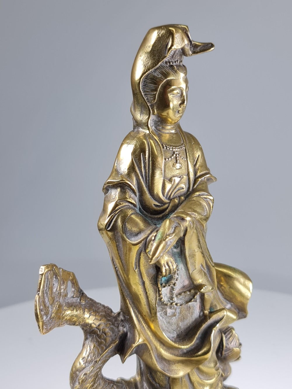 Antique  Polished Bronze Kwan yin with a dragon statue 9 inch View VII