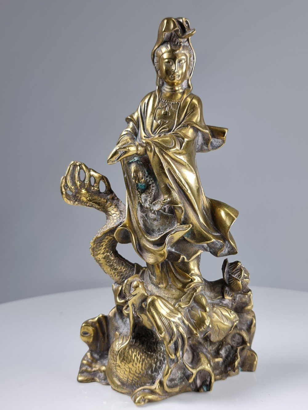 Antique  Polished Bronze Kwan yin with a dragon statue 9 inch View VIII