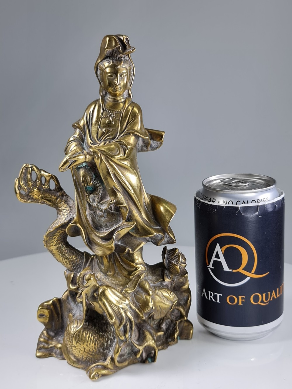 Antique  Polished Bronze Kwan yin with a dragon statue 9 inch View IX