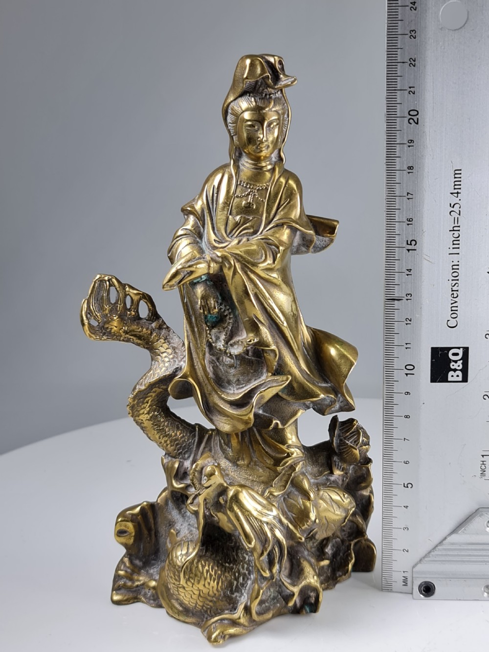 Antique  Polished Bronze Kwan yin with a dragon statue 9 inch View X