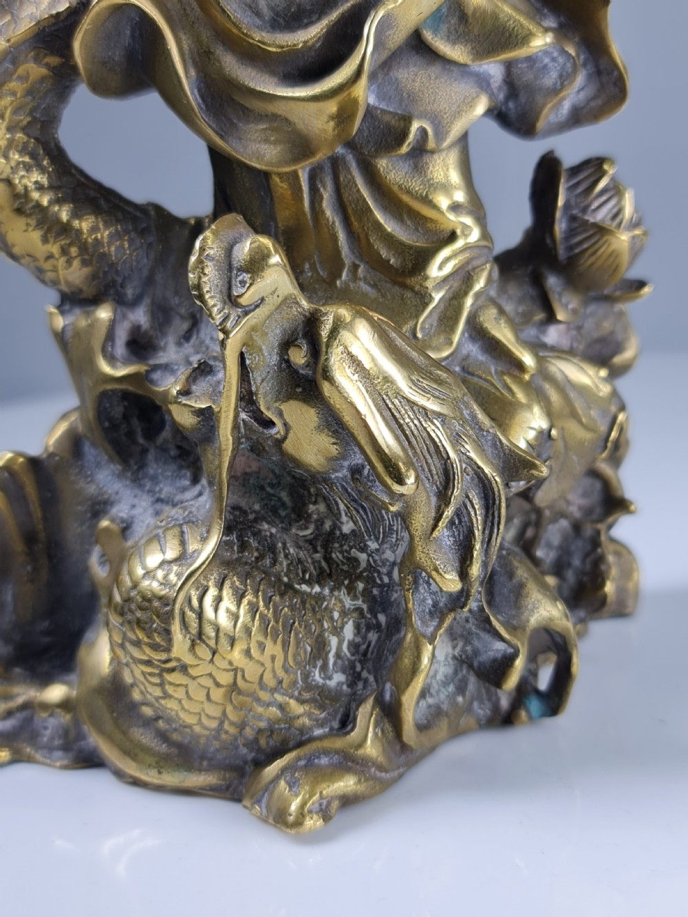 Antique  Polished Bronze Kwan yin with a dragon statue 9 inch View XI