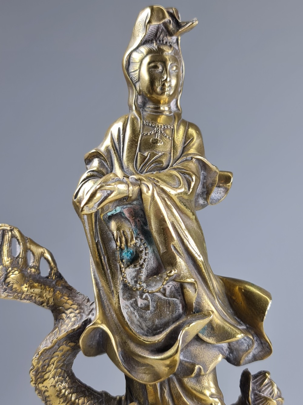 Antique  Polished Bronze Kwan yin with a dragon statue 9 inch View XII