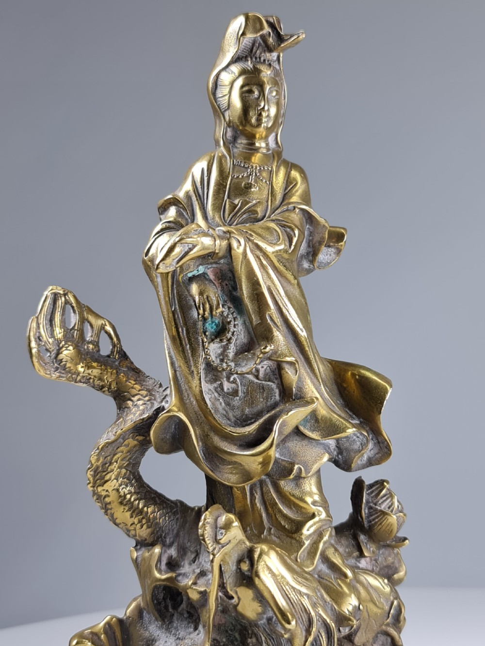 Antique  Polished Bronze Kwan yin with a dragon statue 9 inch View XIII