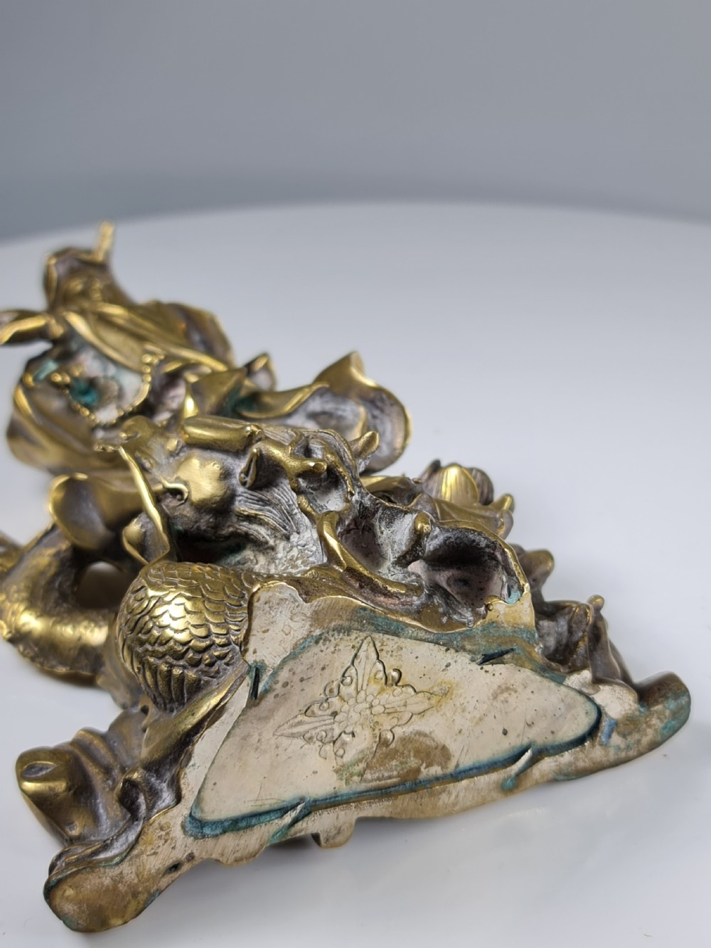 Antique  Polished Bronze Kwan yin with a dragon statue 9 inch View XIV