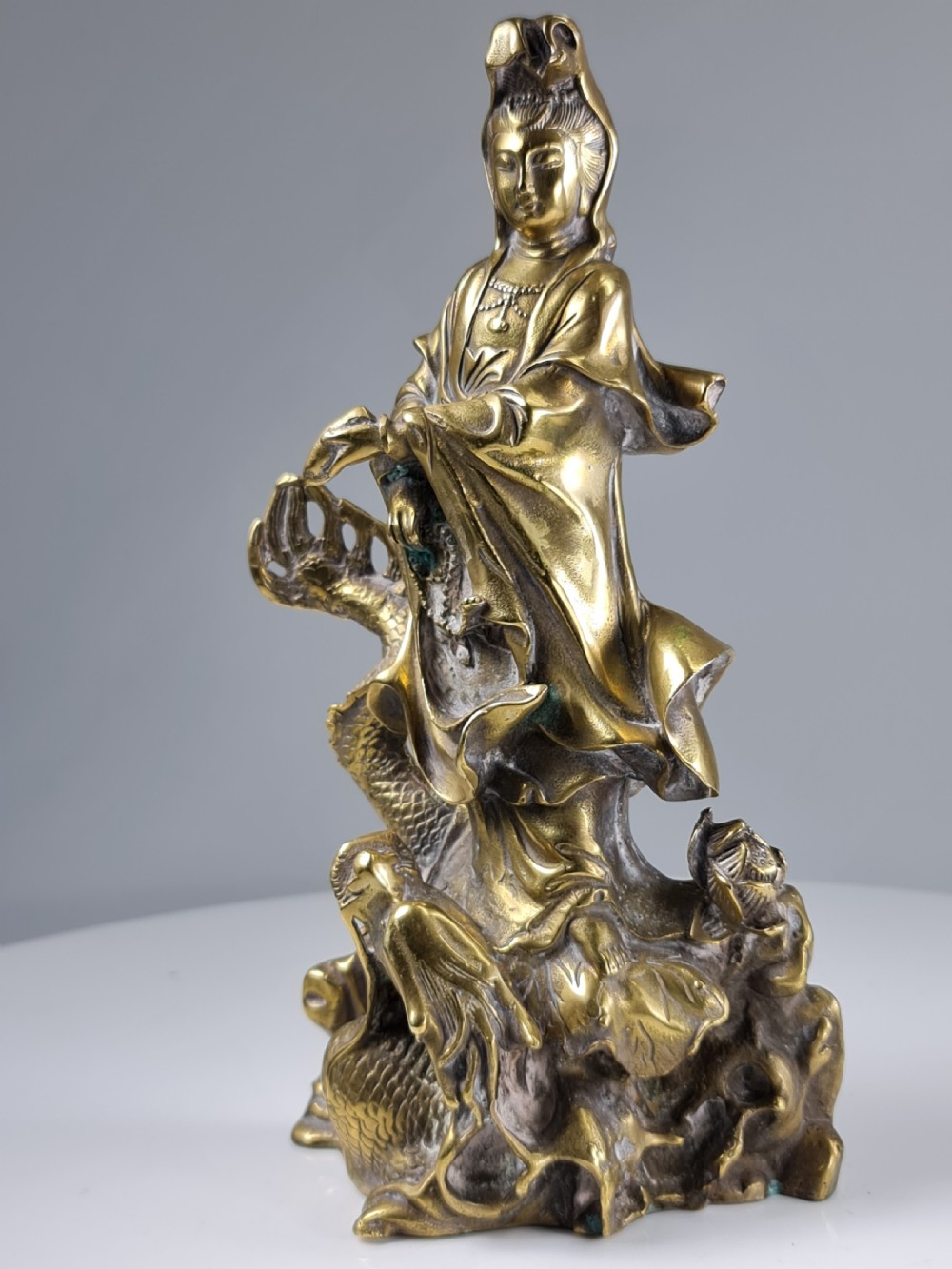 Antique  Polished Bronze Kwan yin with a dragon statue 9 inch View XV