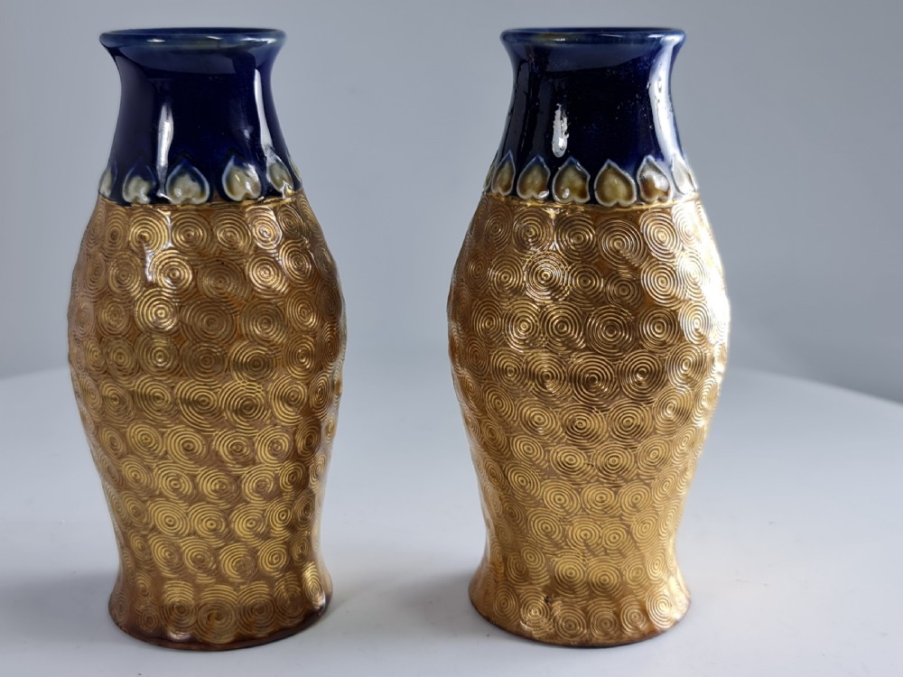 Arts & Crafts Pr of Royal Doulton gold swirl pattern vases by Lily Partington c1910