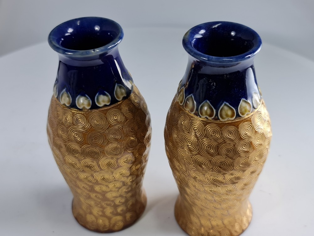 Arts & Crafts Pr of Royal Doulton gold swirl pattern vases by Lily Partington c1910 View II