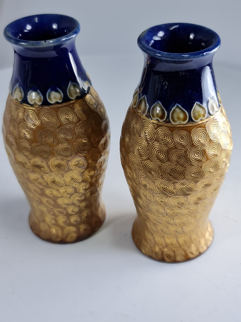 Arts & Crafts Pr of Royal Doulton gold swirl pattern vases by Lily Partington c1910 View III