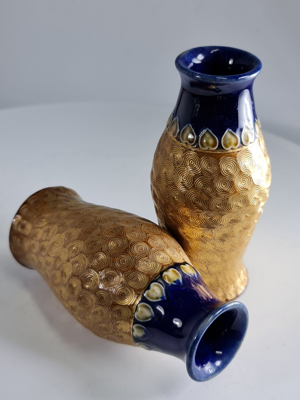 Arts & Crafts Pr of Royal Doulton gold swirl pattern vases by Lily Partington c1910 View VI