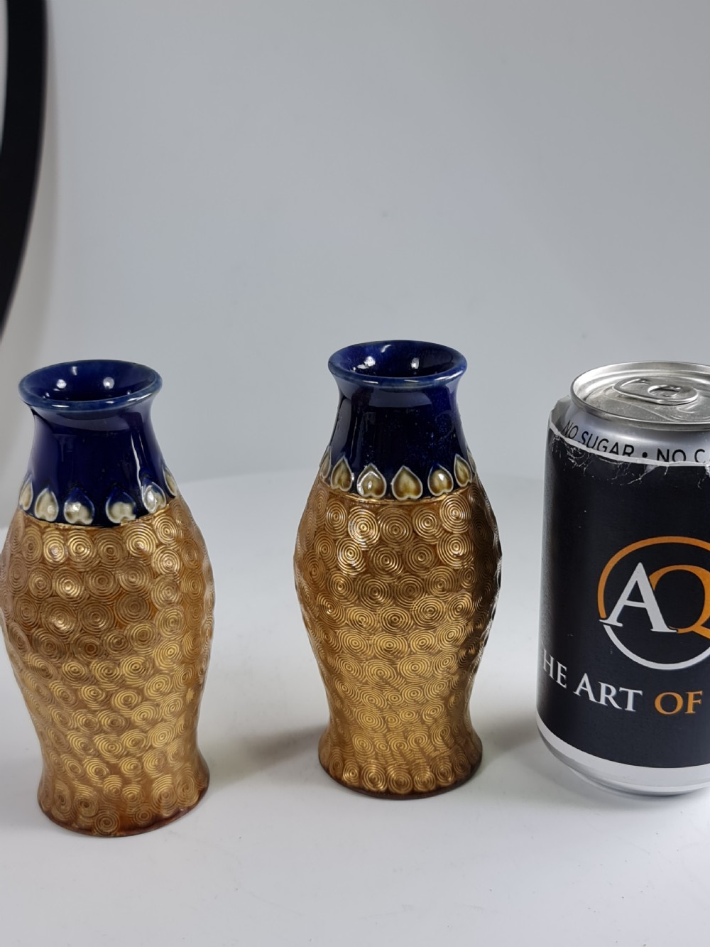 Arts & Crafts Pr of Royal Doulton gold swirl pattern vases by Lily Partington c1910 View VII