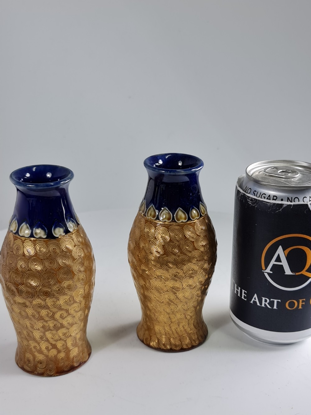 Arts & Crafts Pr of Royal Doulton gold swirl pattern vases by Lily Partington c1910 View VIII