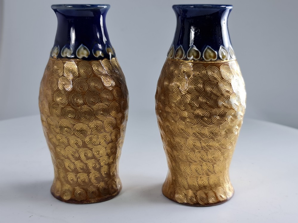 Arts & Crafts Pr of Royal Doulton gold swirl pattern vases by Lily Partington c1910 View IX