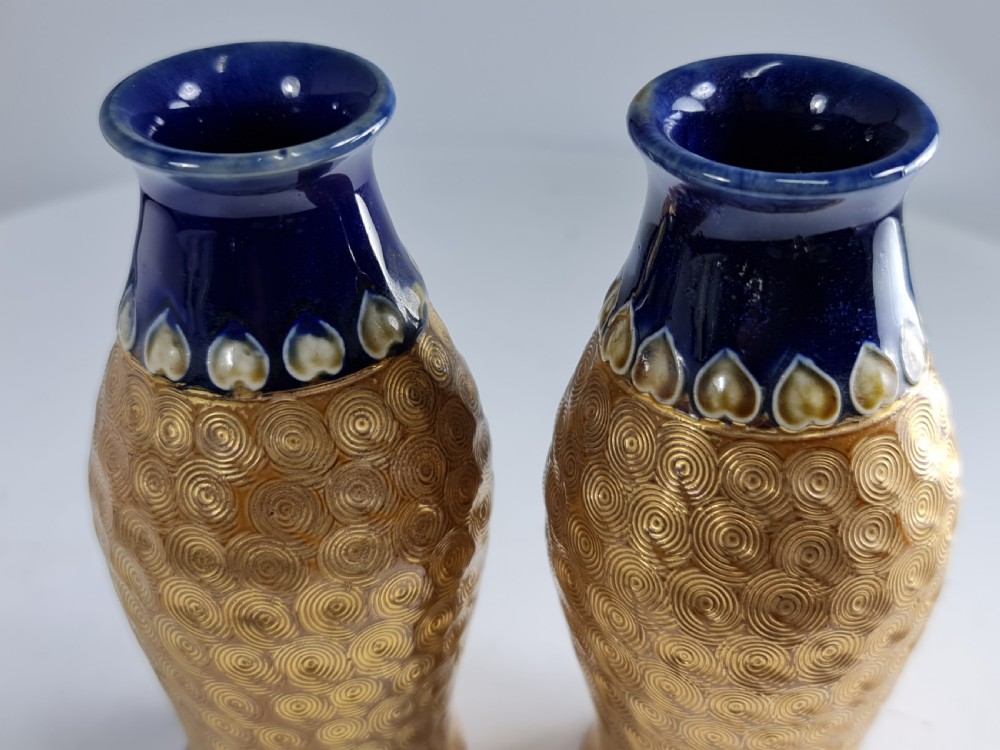 Arts & Crafts Pr of Royal Doulton gold swirl pattern vases by Lily Partington c1910 View X