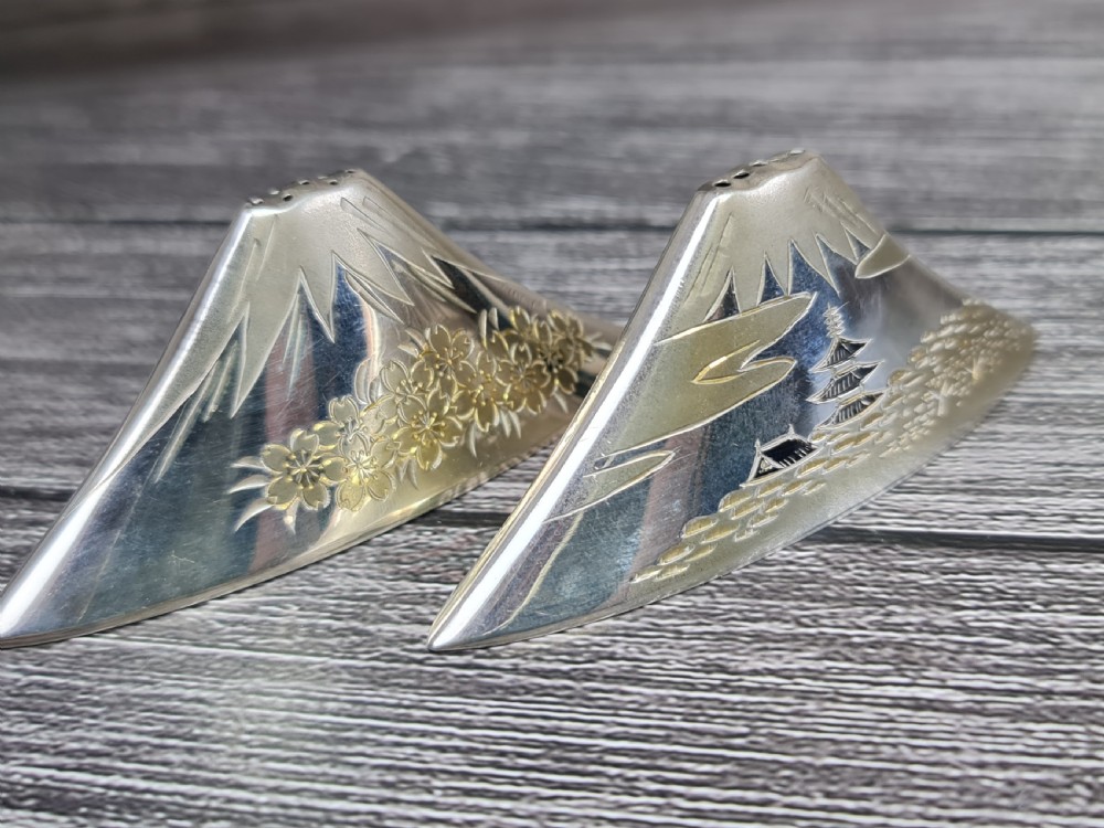 Interesting Vintage Pr of Japanese Sterling Silver Cruets formed as Mount Fuji
