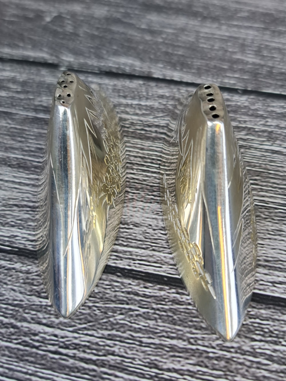 Interesting Vintage Pr of Japanese Sterling Silver Cruets formed as Mount Fuji View II