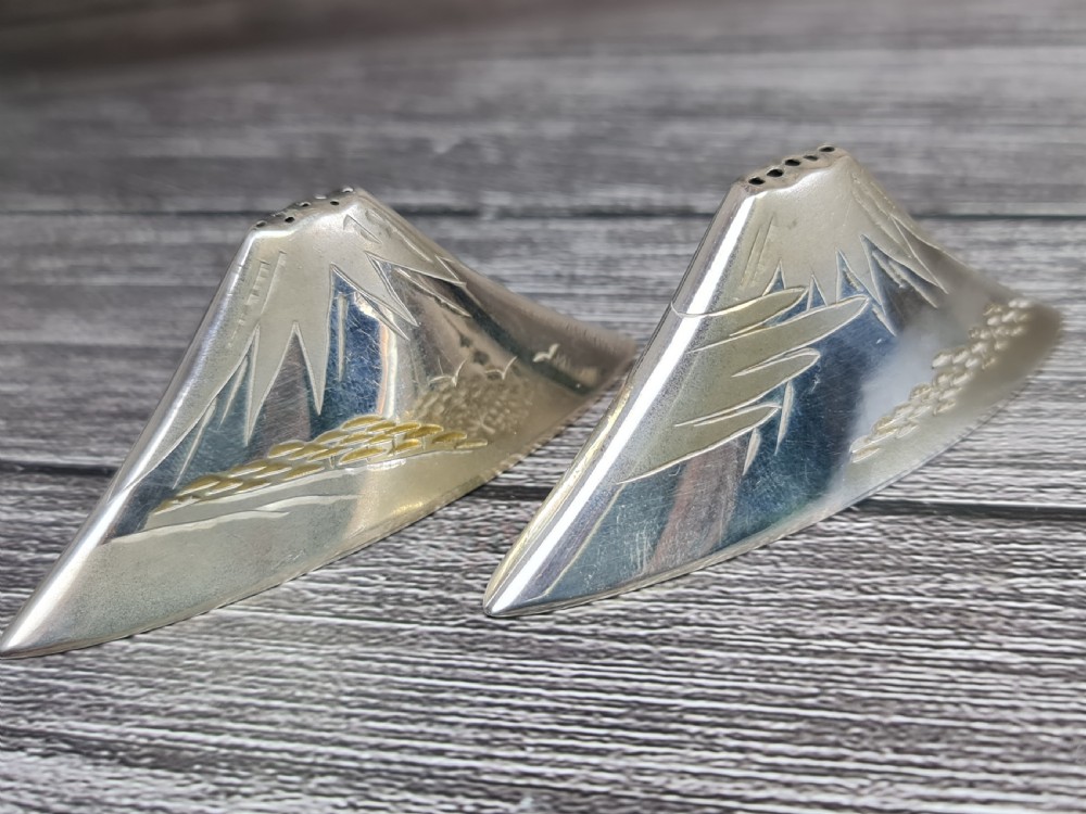 Interesting Vintage Pr of Japanese Sterling Silver Cruets formed as Mount Fuji View III