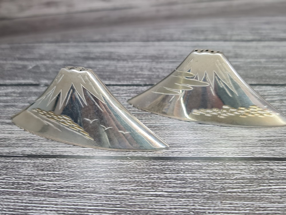 Interesting Vintage Pr of Japanese Sterling Silver Cruets formed as Mount Fuji View V