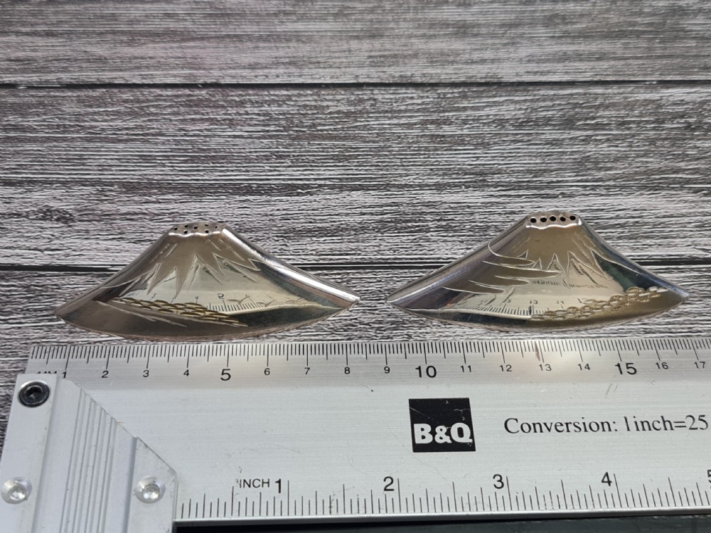 Interesting Vintage Pr of Japanese Sterling Silver Cruets formed as Mount Fuji View VI