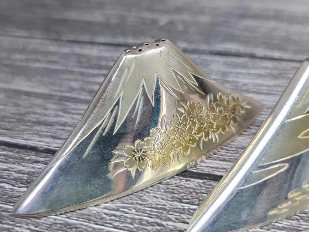 Interesting Vintage Pr of Japanese Sterling Silver Cruets formed as Mount Fuji View XIII