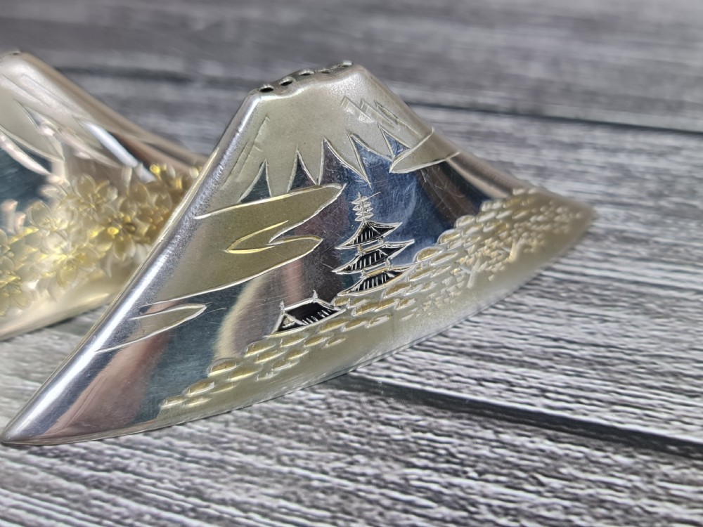 Interesting Vintage Pr of Japanese Sterling Silver Cruets formed as Mount Fuji View XIV