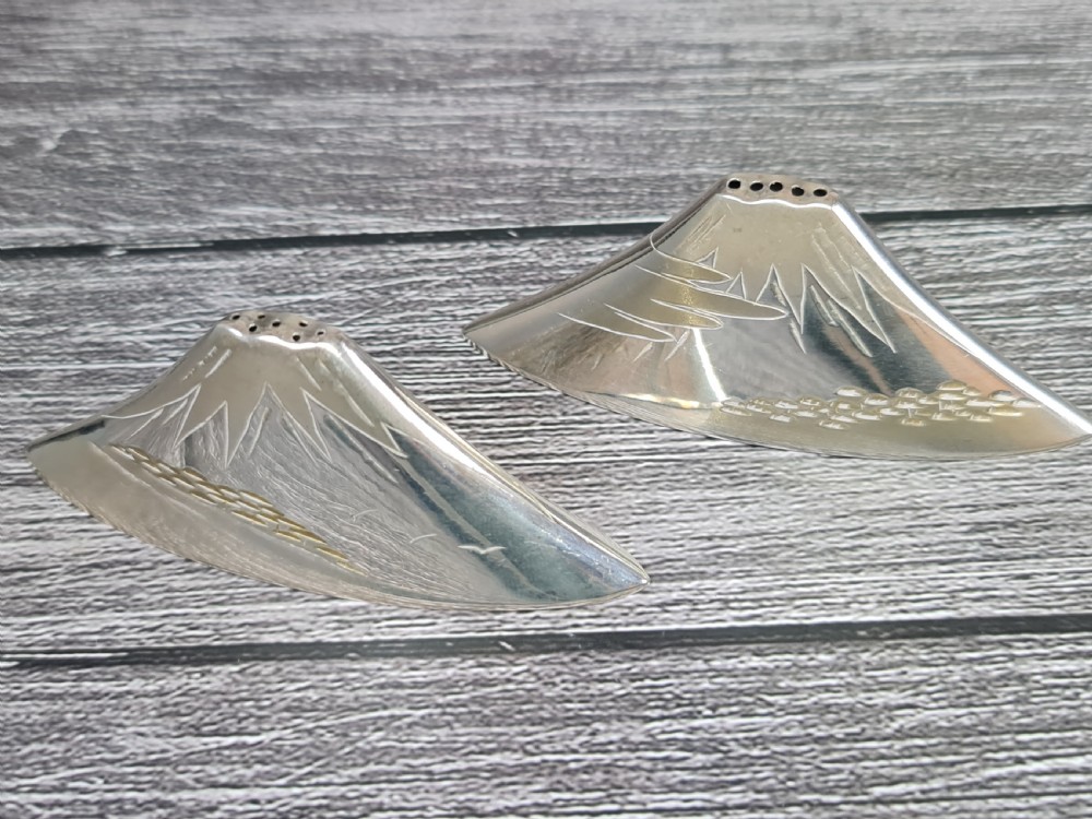 Interesting Vintage Pr of Japanese Sterling Silver Cruets formed as Mount Fuji View XVIII