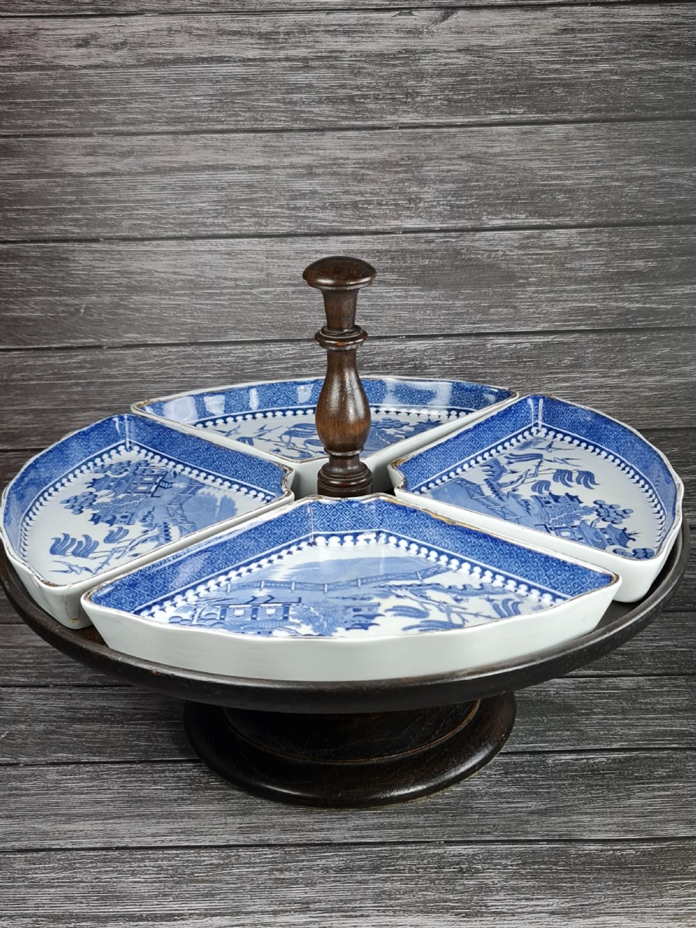 Antique Oak Lazy Susan with four Waring & Gillow Minton Quarter Dishes  c1920 View II
