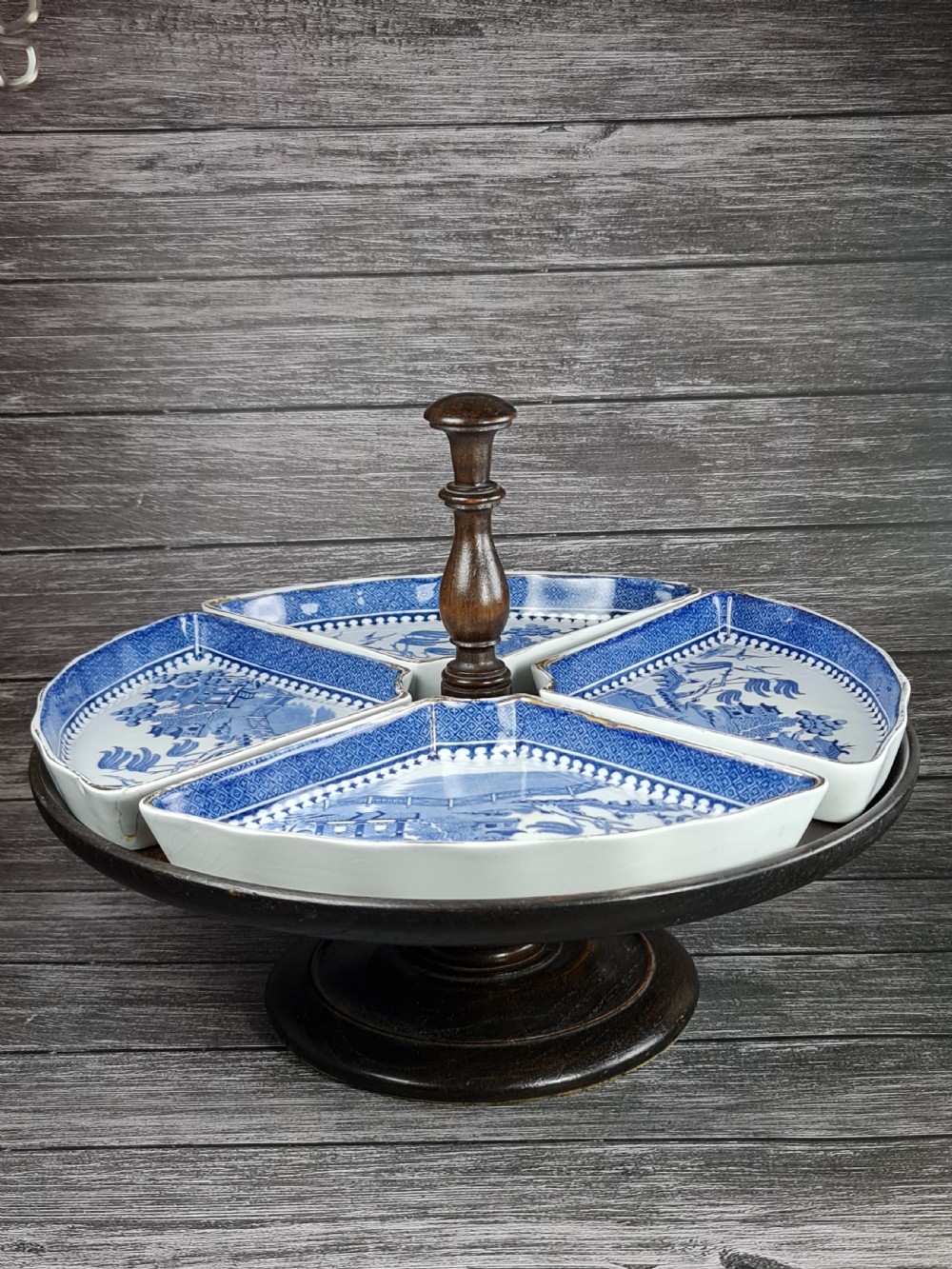 Antique Oak Lazy Susan with four Waring & Gillow Minton Quarter Dishes  c1920 View III