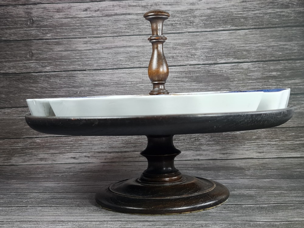 Antique Oak Lazy Susan with four Waring & Gillow Minton Quarter Dishes  c1920 View IV