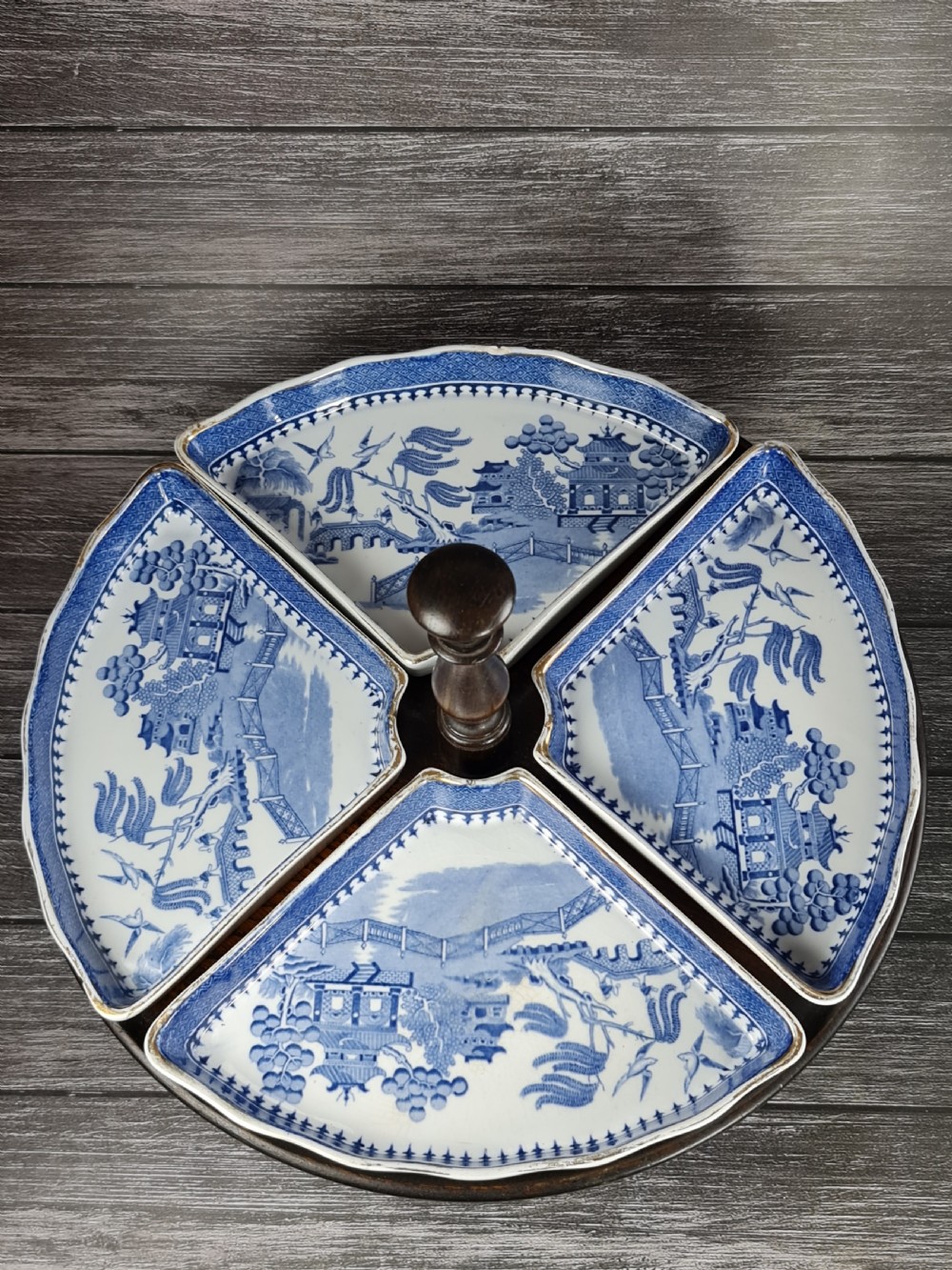 Antique Oak Lazy Susan with four Waring & Gillow Minton Quarter Dishes  c1920 View V
