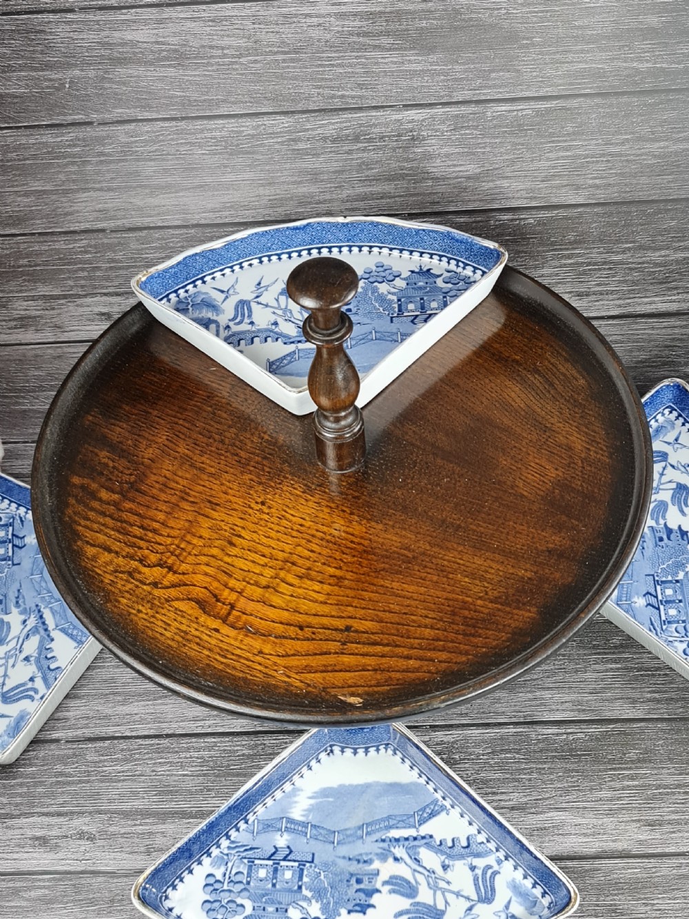 Antique Oak Lazy Susan with four Waring & Gillow Minton Quarter Dishes  c1920 View VII