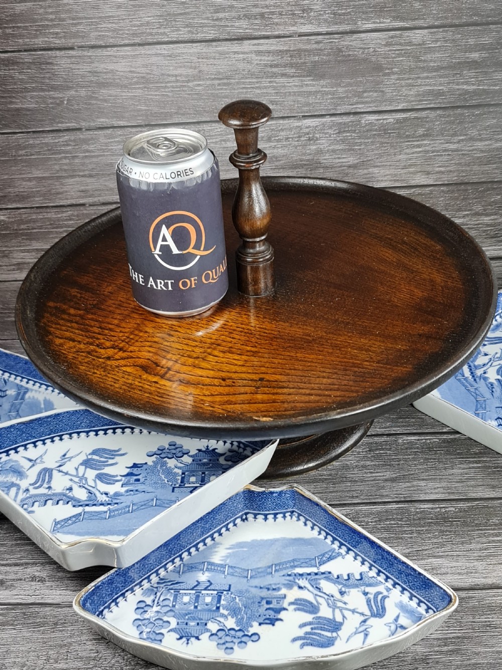 Antique Oak Lazy Susan with four Waring & Gillow Minton Quarter Dishes  c1920 View VIII