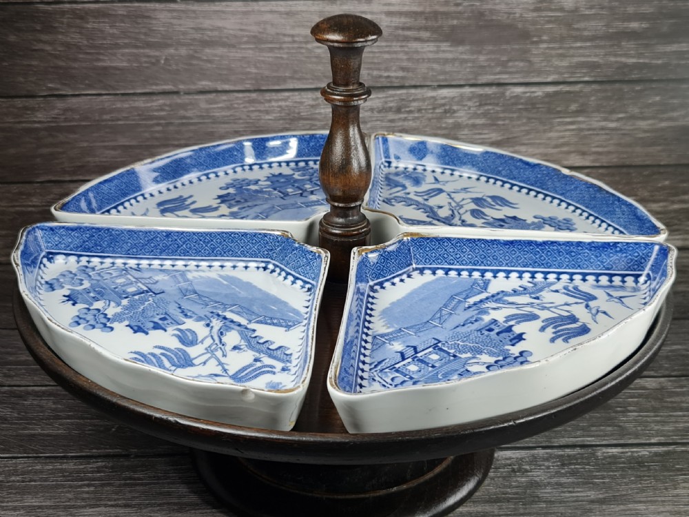 Antique Oak Lazy Susan with four Waring & Gillow Minton Quarter Dishes  c1920 View IX