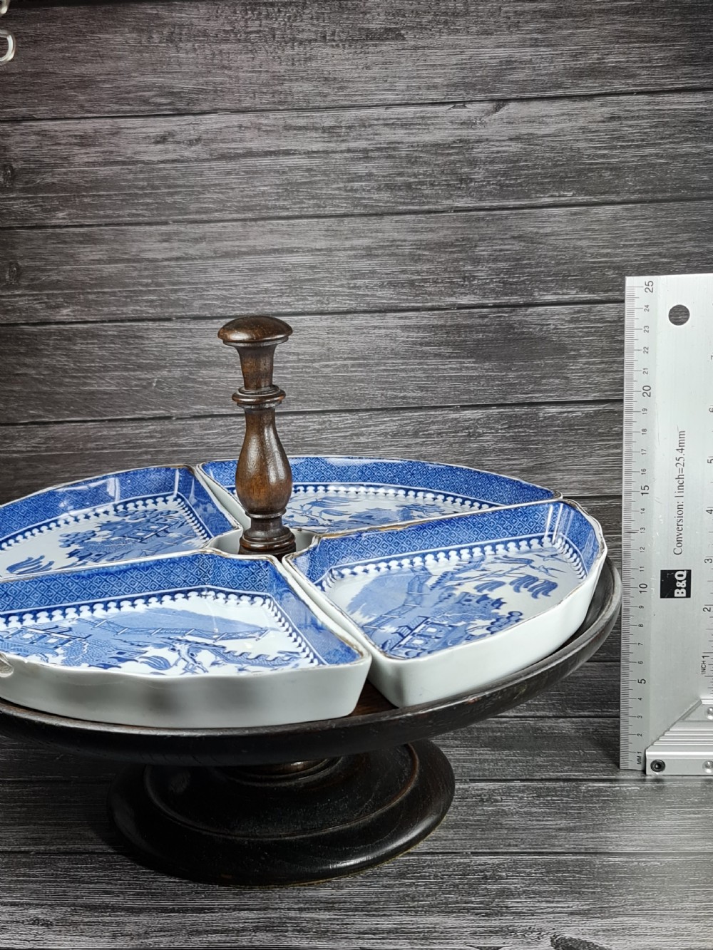 Antique Oak Lazy Susan with four Waring & Gillow Minton Quarter Dishes  c1920 View XIII