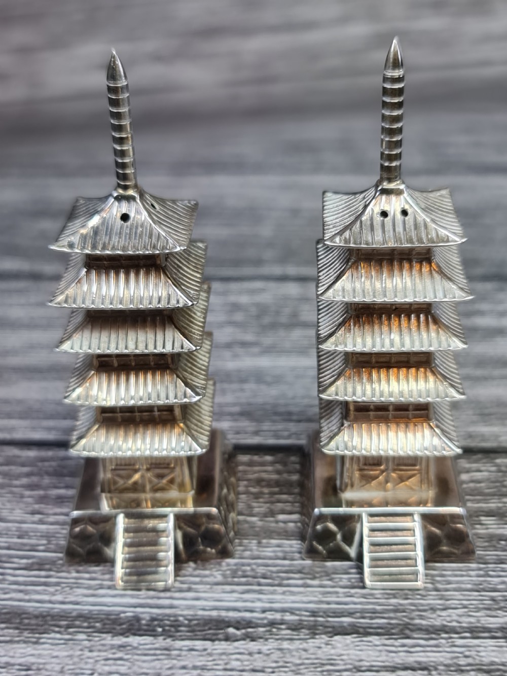 Beautiful Pr Vintage Japanese Silver Pagoda Cruets