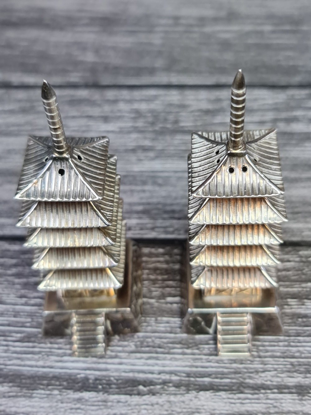 Beautiful Pr Vintage Japanese Silver Pagoda Cruets View II