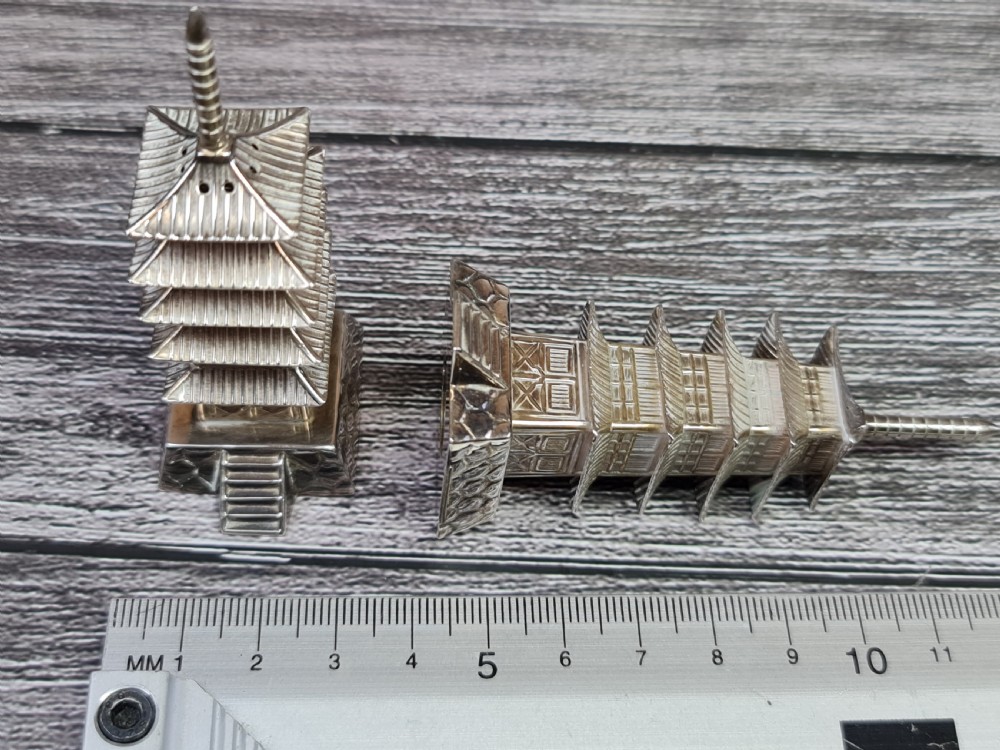 Beautiful Pr Vintage Japanese Silver Pagoda Cruets View IV