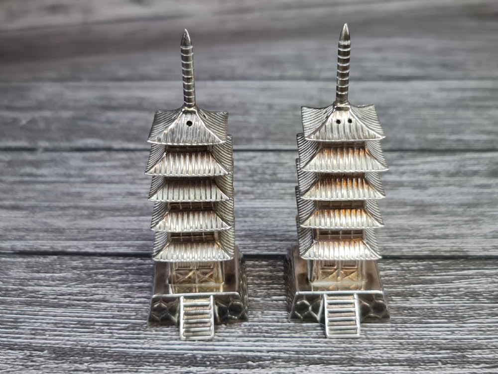 Beautiful Pr Vintage Japanese Silver Pagoda Cruets View IX