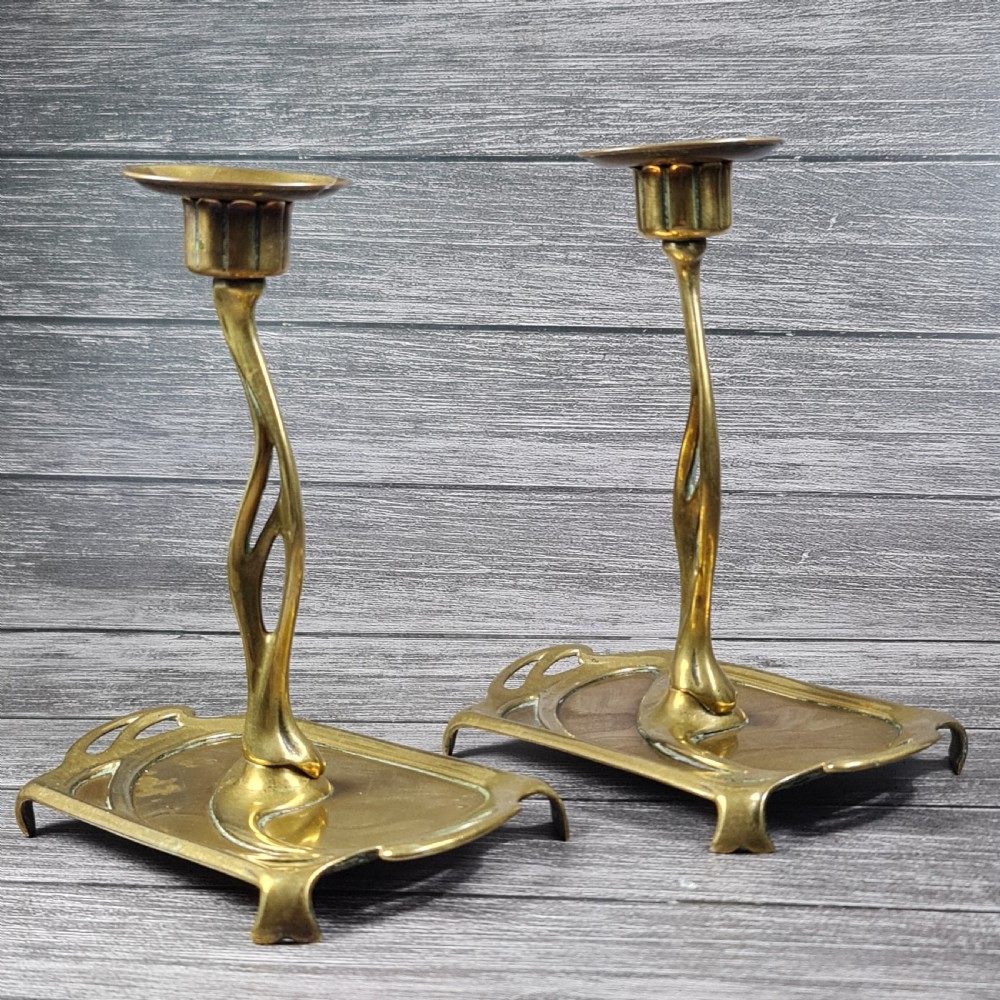 Stunning Pair of Austrian 'GESCHUTZT' Secessionist Bronze Candlesticks c1900