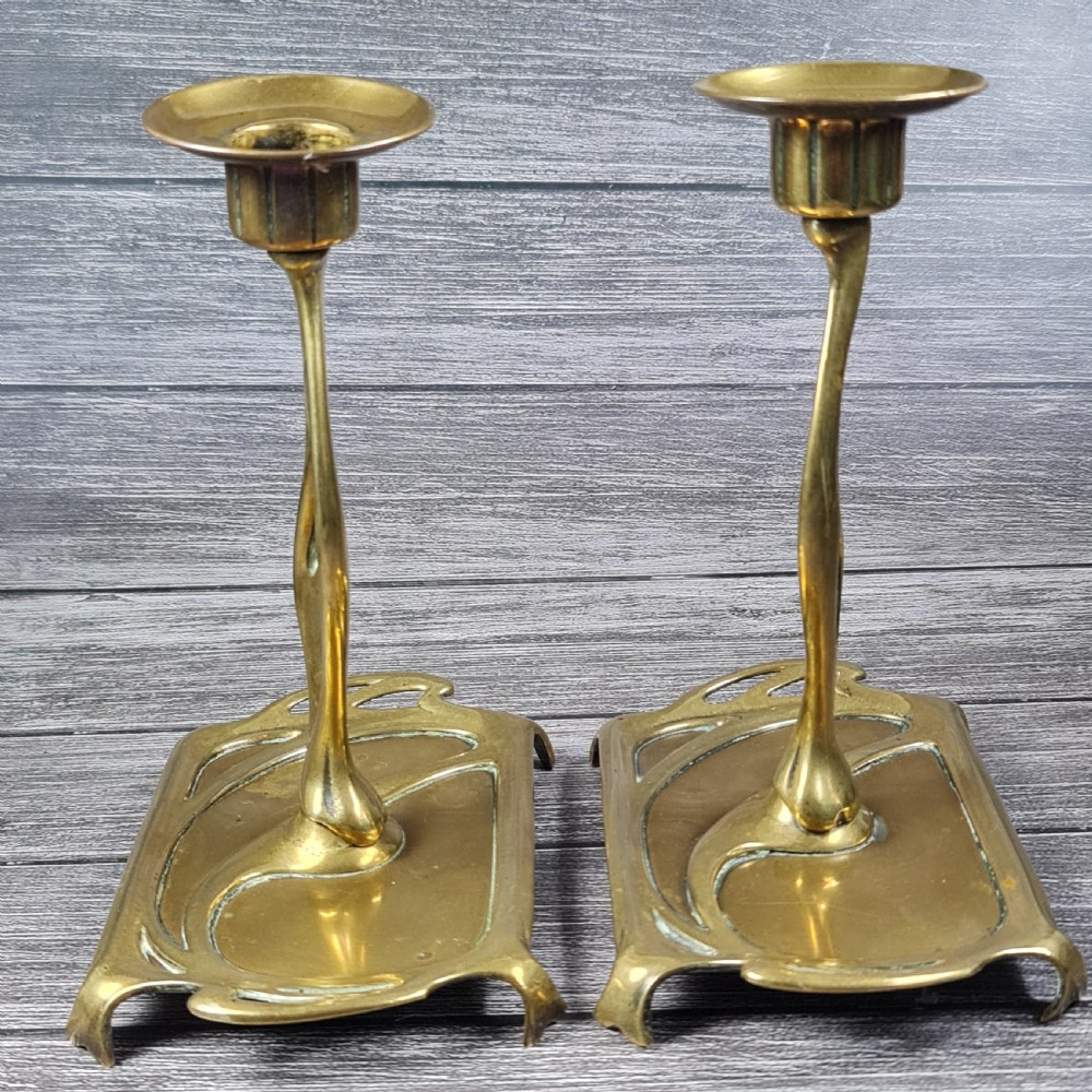 Stunning Pair of Austrian 'GESCHUTZT' Secessionist Bronze Candlesticks c1900 View III