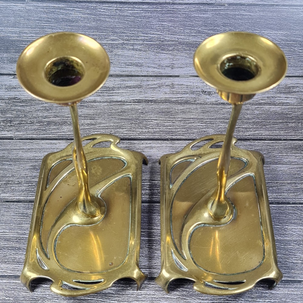 Stunning Pair of Austrian 'GESCHUTZT' Secessionist Bronze Candlesticks c1900 View IV