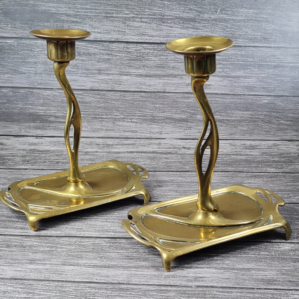 Stunning Pair of Austrian 'GESCHUTZT' Secessionist Bronze Candlesticks c1900 View V