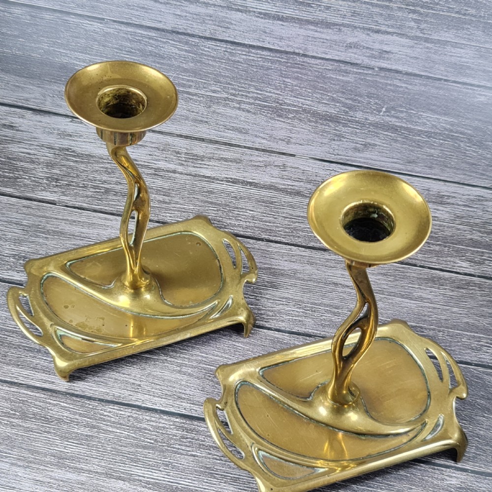 Stunning Pair of Austrian 'GESCHUTZT' Secessionist Bronze Candlesticks c1900 View VI
