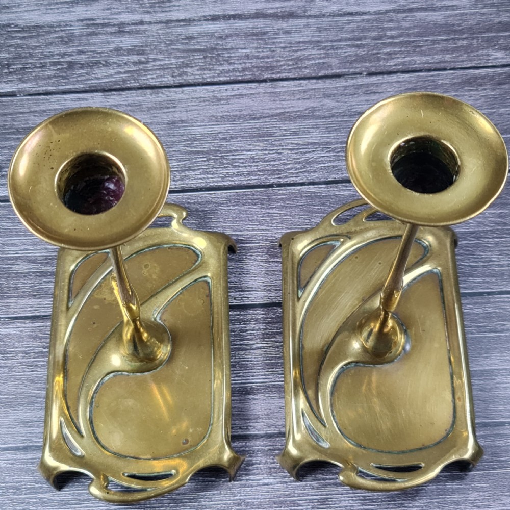 Stunning Pair of Austrian 'GESCHUTZT' Secessionist Bronze Candlesticks c1900 View IX