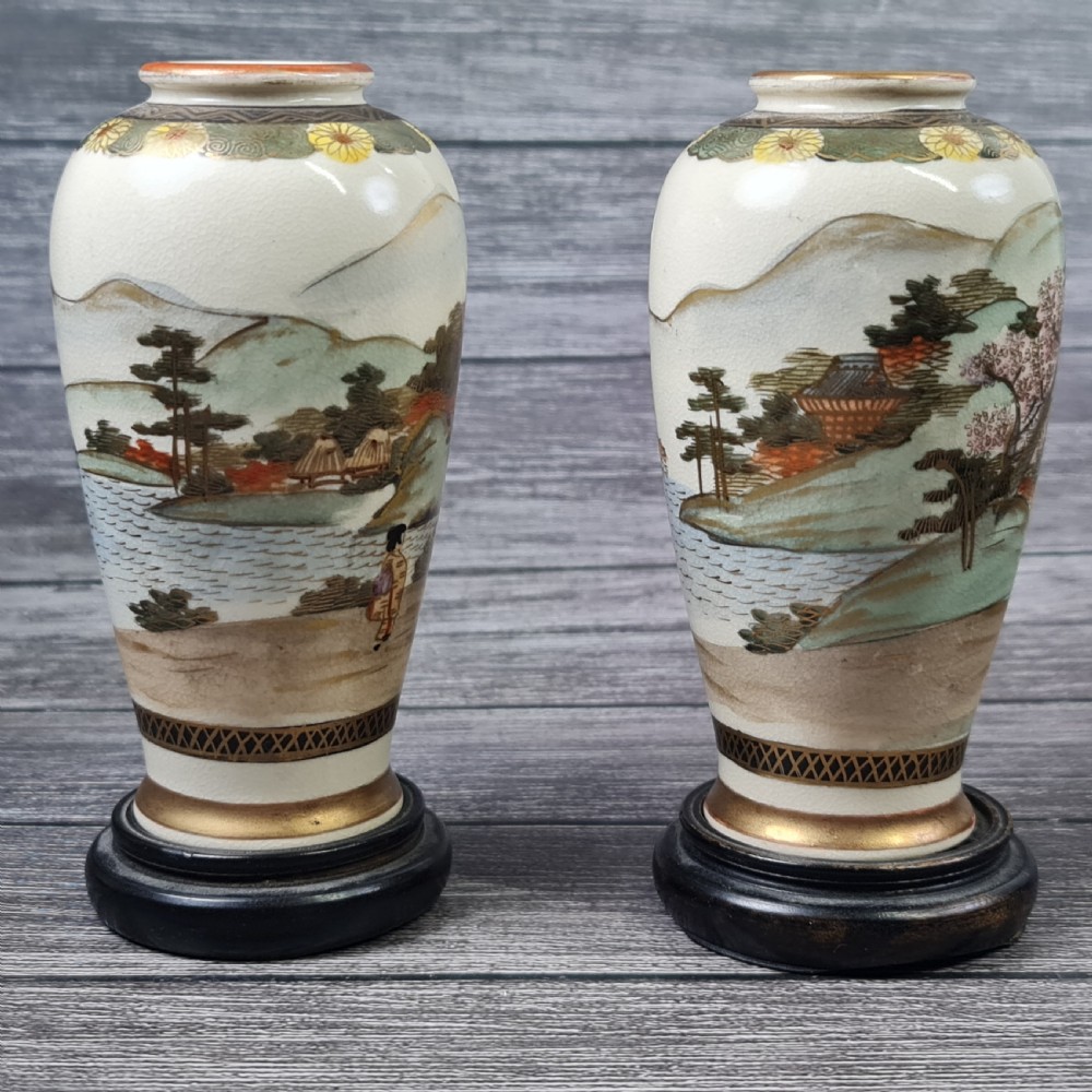 Beautiful Satsuma Pair of Signed Hand Painted Vases c1900 View II