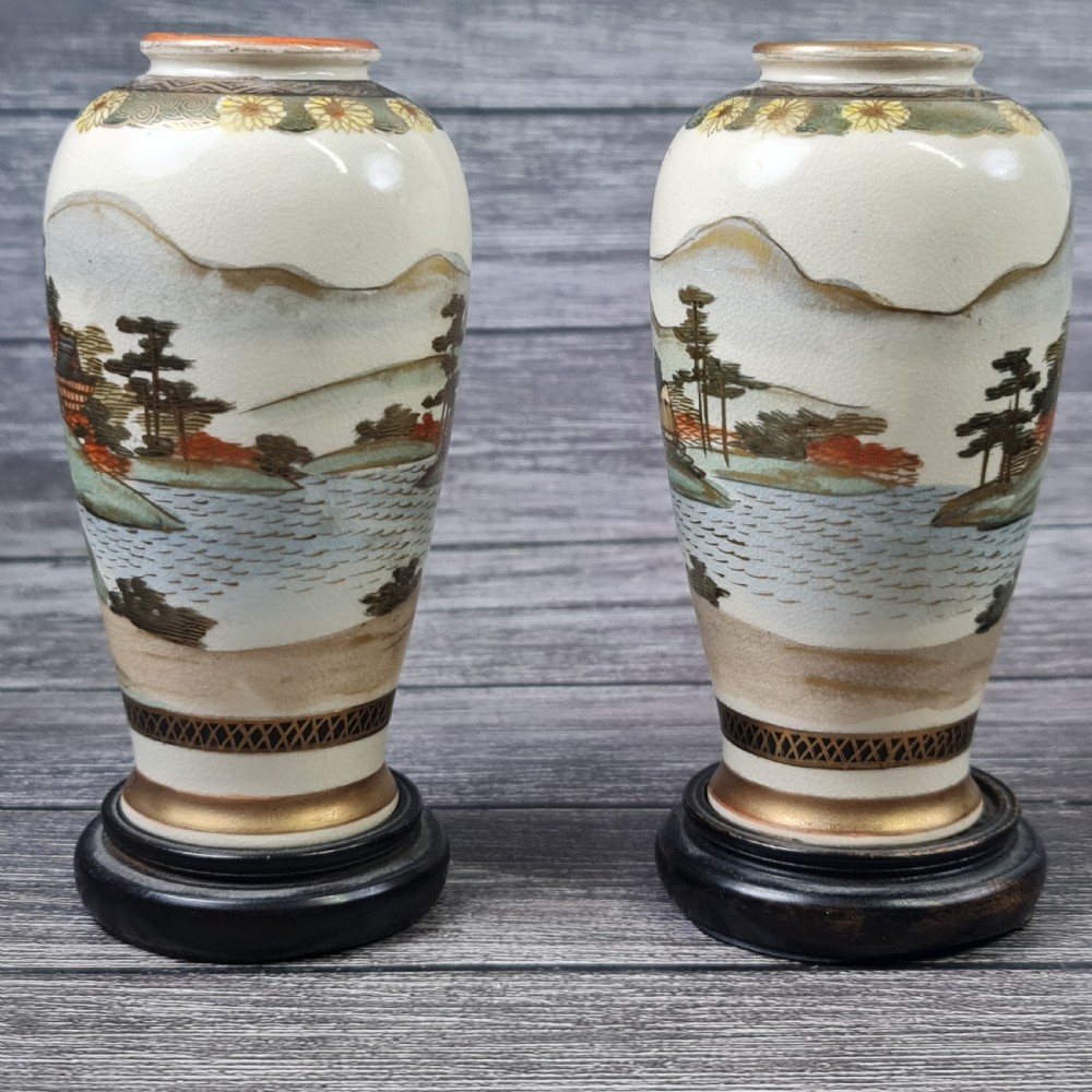 Beautiful Satsuma Pair of Signed Hand Painted Vases c1900 View III