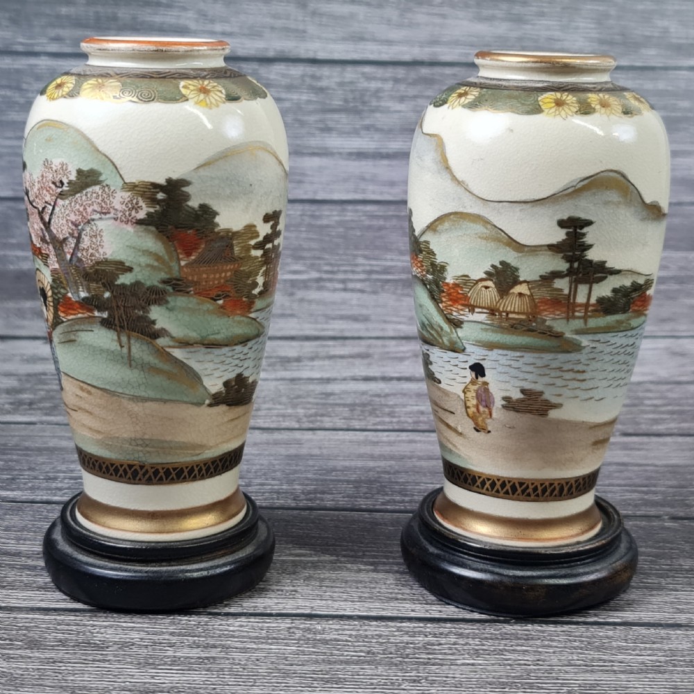 Beautiful Satsuma Pair of Signed Hand Painted Vases c1900 View IV