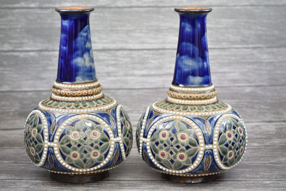 Stunning Pair of Doulton Lambeth Bottle Shaped Vases c1880s